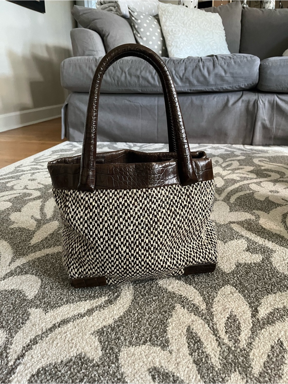 MaxMara Brown and Cream Woven Tote with Croc-Effect Trim